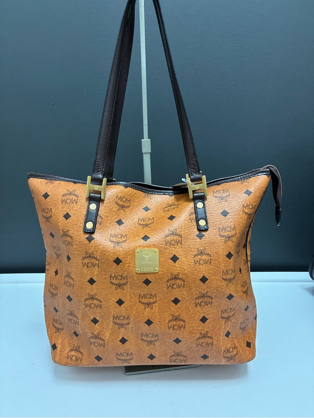 MCM Visetos Logo Cognac Tote Bag